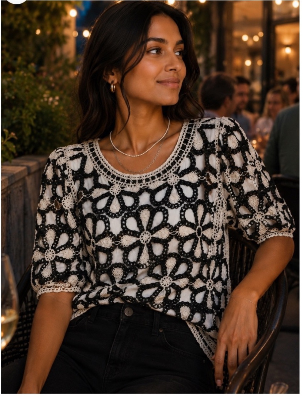 Solitaire Crochet Floral Overlay Top in Black & Cream